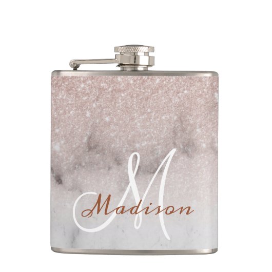 Monogram Ombre Roos Goud Marmer Glitter Heupfles (Voorkant)