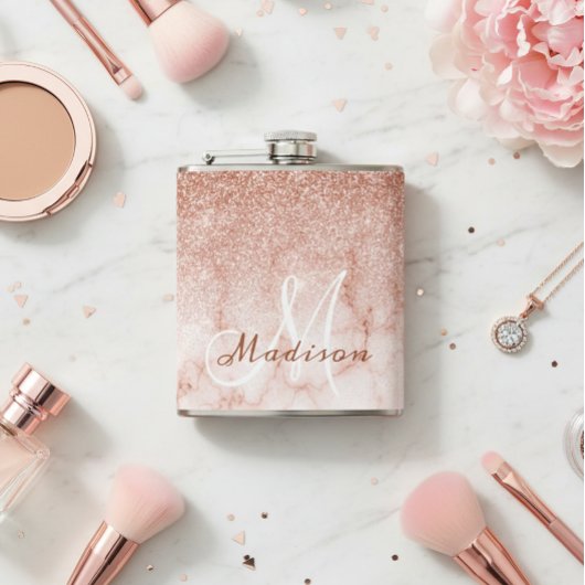 Monogram Ombre Roze Goud Marmer Glitters Heupfles