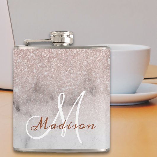 Monogram Ombre Roze Goud Marmer Glitters Heupfles