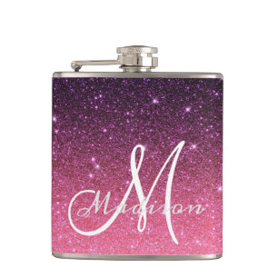 Monogram Ombre Roze Paarse Glitter Gift Heupfles