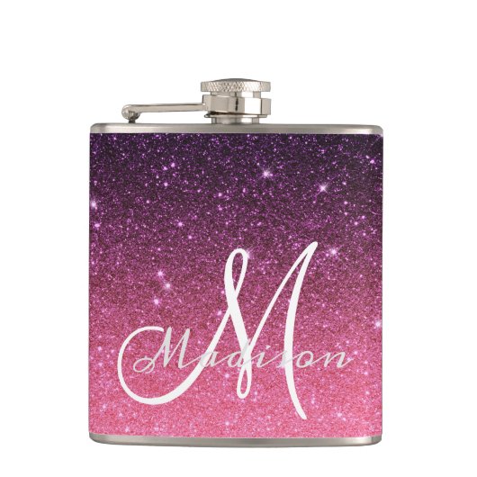 Monogram Ombre Roze Paarse Glitters Geschenk Heupfles (Voorkant)