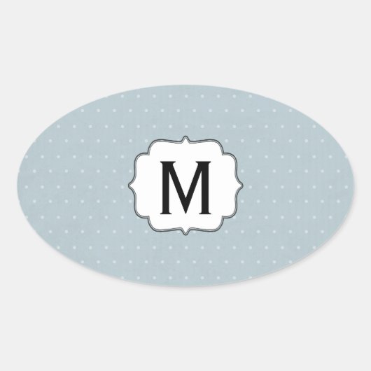 Monogram omhuld op Bleek blauw met witte pooldots Ovale Sticker (Voorkant)