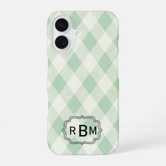 Monogram omhuld op groen en wit Gingham Pattern iPhone 16 Hoesje (Achterkant)