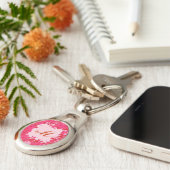 Monogram omlijst met bloemen - fuchsia en roze sleutelhanger (Zijkant)