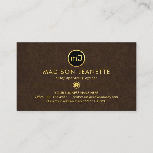 Monogram On Luxurious Brown Grunge Visitekaartje (Voorkant)