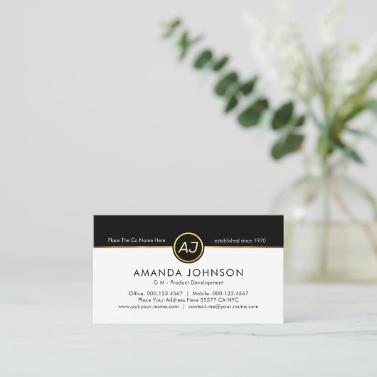 Monogram One Gold Line Black White Layers Visitekaartje (Staand voorkant)