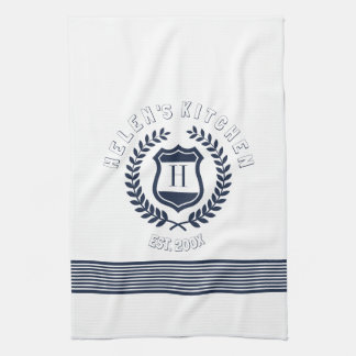 Monogram ontwerp van Navy Blue Wreath en Stripes Theedoek