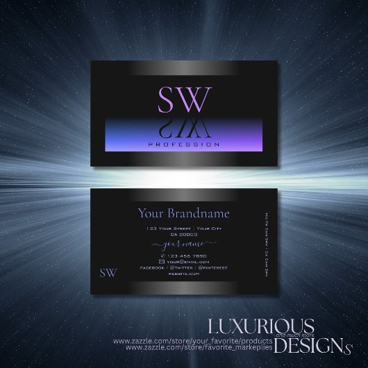 Monogram oogopslag zwart blauw en roze gradiënt visitekaartje