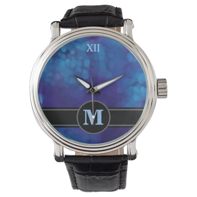monogram op blauw horloge (Voorkant)