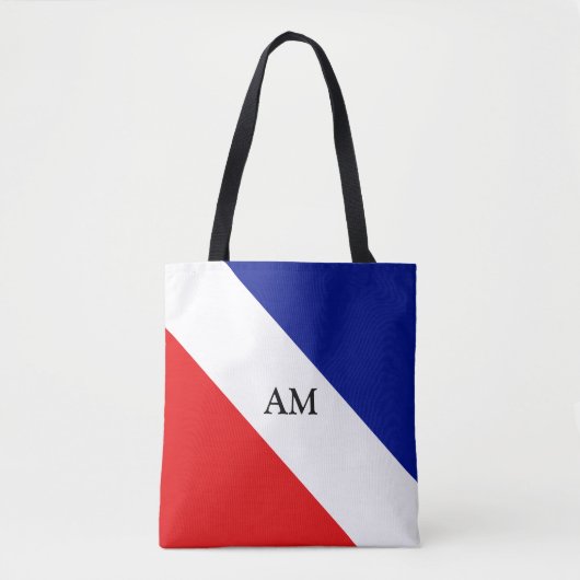 Monogram op blauw rood en wit diagonaal gestreept tote bag (Voorkant)