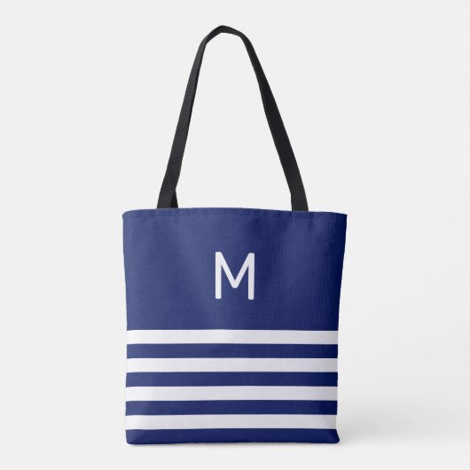 Monogram op blauw & wit gestreept tote bag (Achterkant)