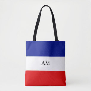 Monogram op blauwe rode en witte gestreept Canvas  Tote Bag