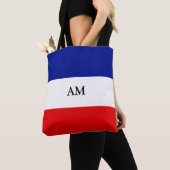 Monogram op blauwe rode en witte gestreept Canvas  Tote Bag (Dichtbij)