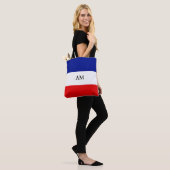 Monogram op blauwe rode en witte gestreepte tote b bag (Op model)