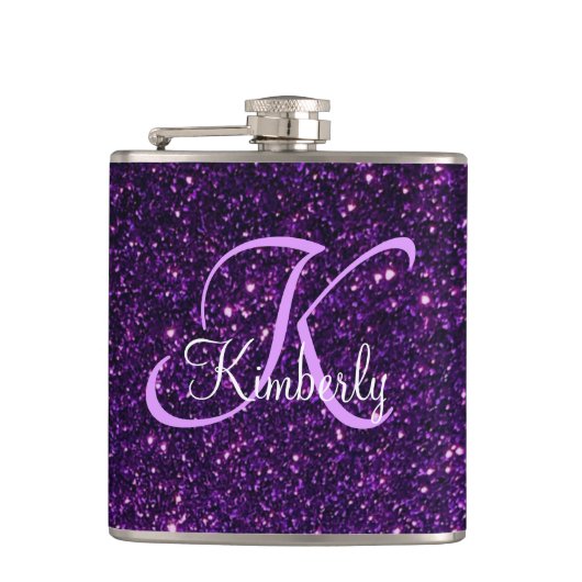Monogram op de Paarse Glitterkolf Heupfles (Voorkant)