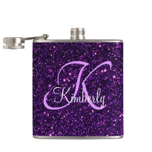 Monogram op de Paarse Glitterkolf Heupfles (Geopend)