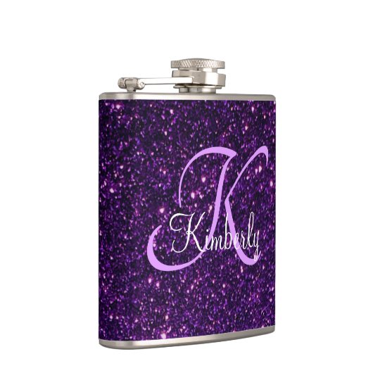 Monogram op de Paarse Glitterkolf Heupfles (Rechts)