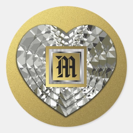 Monogram op diamanten hart gouden afdichtingen en ronde sticker (Voorkant)