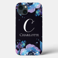 Monogram op donkerblauw met Paarse blauwe bloemen