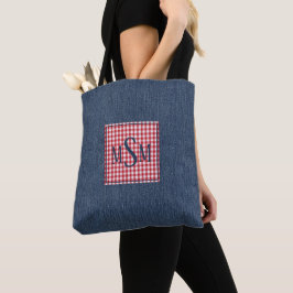 Monogram op donkere denimprint schouder tote bag