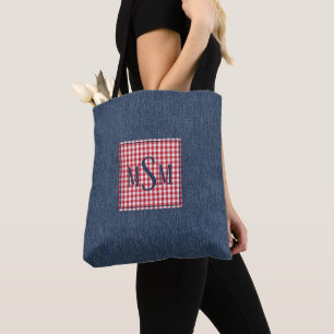Monogram op donkere denimprint schouder tote bag