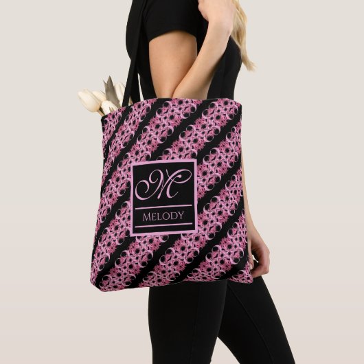 Monogram op fractal roze en zwart Tas (Dichtbij)
