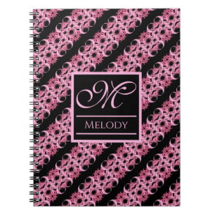 Monogram op Fractale Roze en Zwart Notitieboek