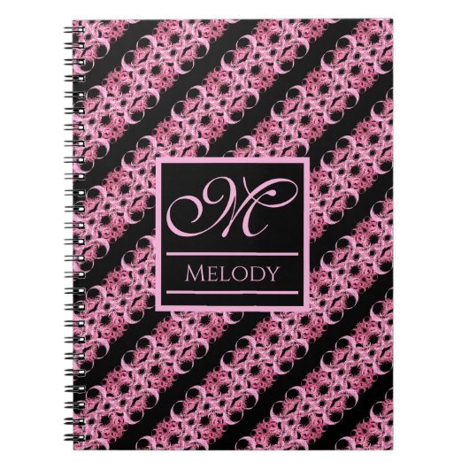 Monogram op Fractale Roze en Zwart Notitieboek (Voorkant)