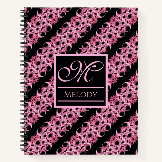 Monogram op fractale roze en zwart notitieboek (Voorkant)