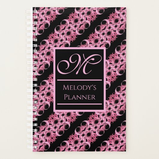 Monogram op fractale roze en zwarte harde onderlaa planner (Voorkant)