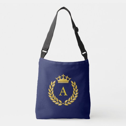 Monogram op Golden Crown & Laurel op Navy Blue Crossbody Tas (Voorkant)