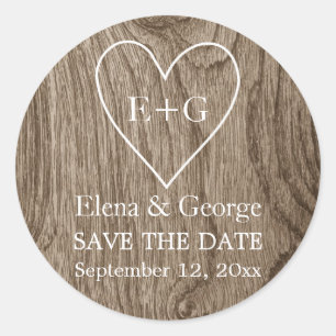 Monogram op hart houten bruiloft Save the Date Ronde Sticker