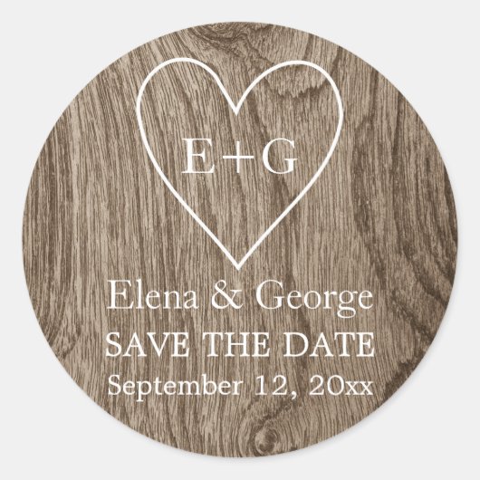 Monogram op hart houten bruiloft Save the Date Ronde Sticker (Voorkant)