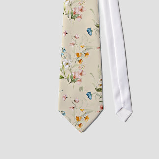 Monogram op Kleurrijke Bloemstilleven Kunst Beige Stropdas