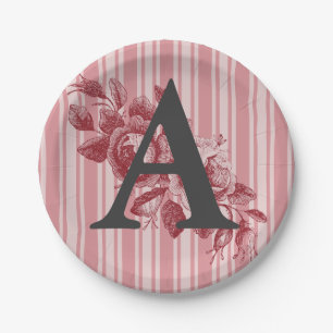 Monogram op Koolrozen Rood Roze Bloemmotief Papieren Bordje