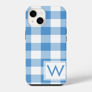 Monogram op lichtblauw en wit buffelplaid iPhone 14 hoesje