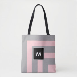 Monogram op lichtgrijs en roze gestreept tote bag