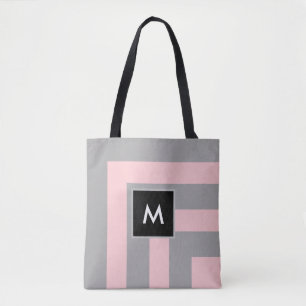 Monogram op lichtgrijs en roze strips tote bag
