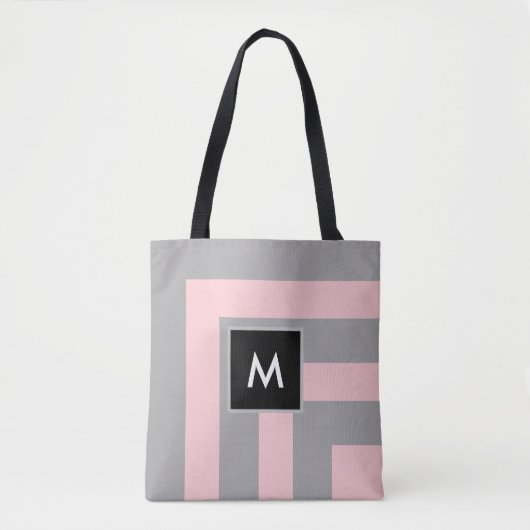 Monogram op lichtgrijs en roze strips tote bag (Voorkant)