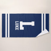 Monogram op maat van de zeemieblauwe en witte stre badhanddoek (Badhanddoek)