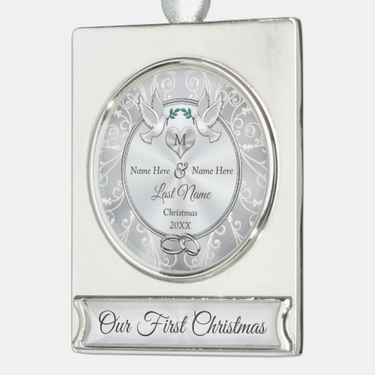 Monogram op maat van ons eerste kerstfeest samen verzilverd banner ornament (Links)