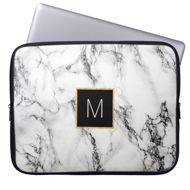 monogram op marmer laptop sleeve (Voorkant)