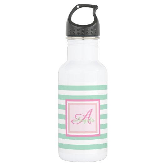 Monogram op mintgroene strepen - gepersonaliseerd waterfles (Voorkant)