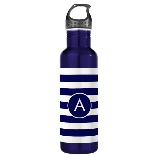 Monogram op Navy Blue & White Striped Waterfles (Voorkant)