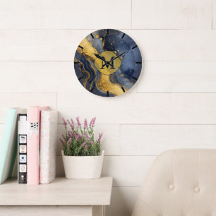 Monogram op Navy Goud Abstract Marmer Vloeibare Ku Grote Klok