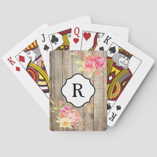 Monogram op roze bloemen en rustiek hout pokerkaarten (Achterkant)