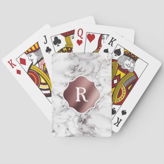 Monogram op roze goud en witte marmer pokerkaarten (Achterkant)