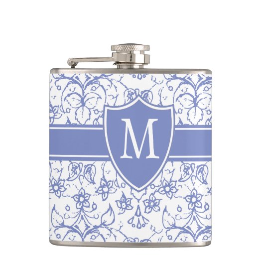 Monogram op stijlvol blauw periwinkle patroon heupfles (Voorkant)