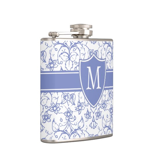 Monogram op stijlvol blauw periwinkle patroon heupfles (Rechts)