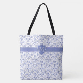 Monogram op Stijlvol Periwinkle Blue Ogee patroon Tote Bag